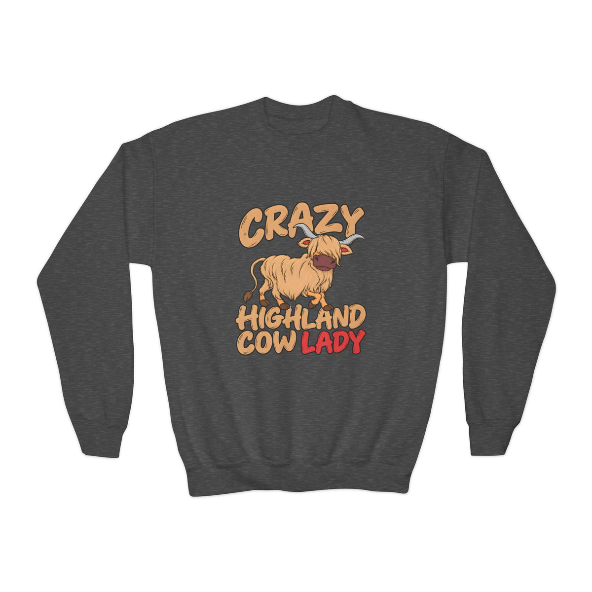Crazy Highland Cow Lady Youth Crewneck Sweatshirt