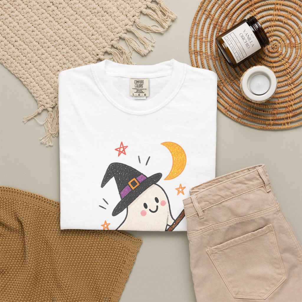 Cute Witch Ghost on Broom T-Shirt | Halloween Moon Stars