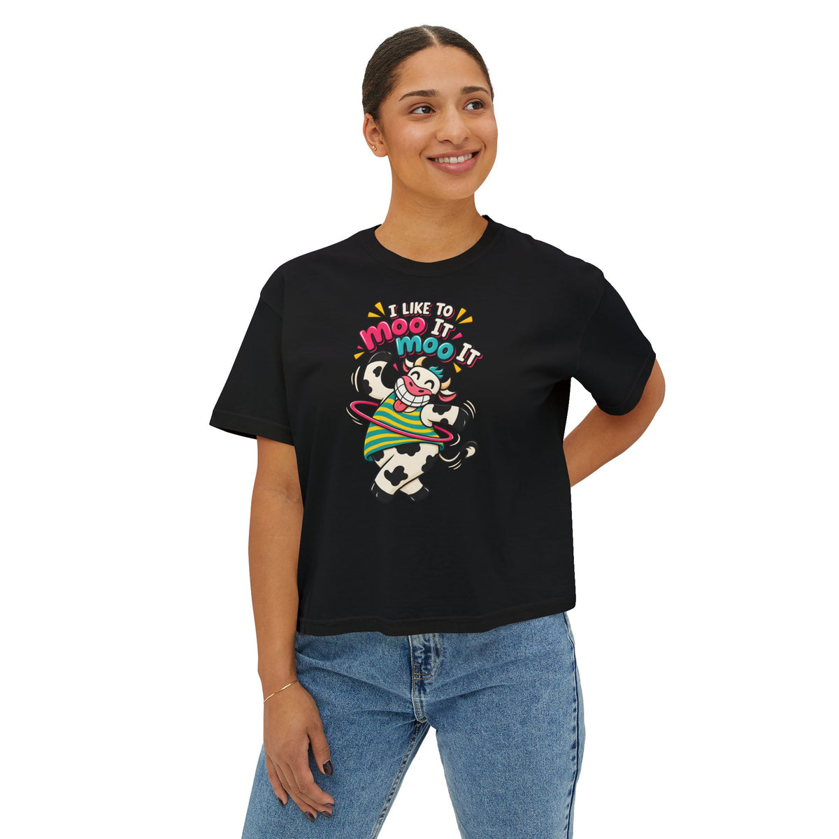 Women’s Boxy Tee — Cute Dancing Cow Graphic “I Like to Moo It Moo It”