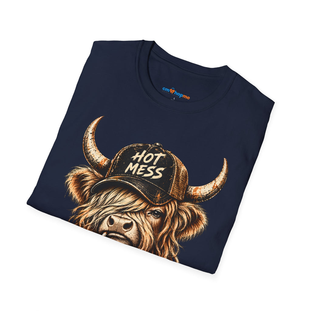 Hot Mess Highland Cow T-Shirt — Funny Cow with 'Hot Mess' Cap & Leopard Mug