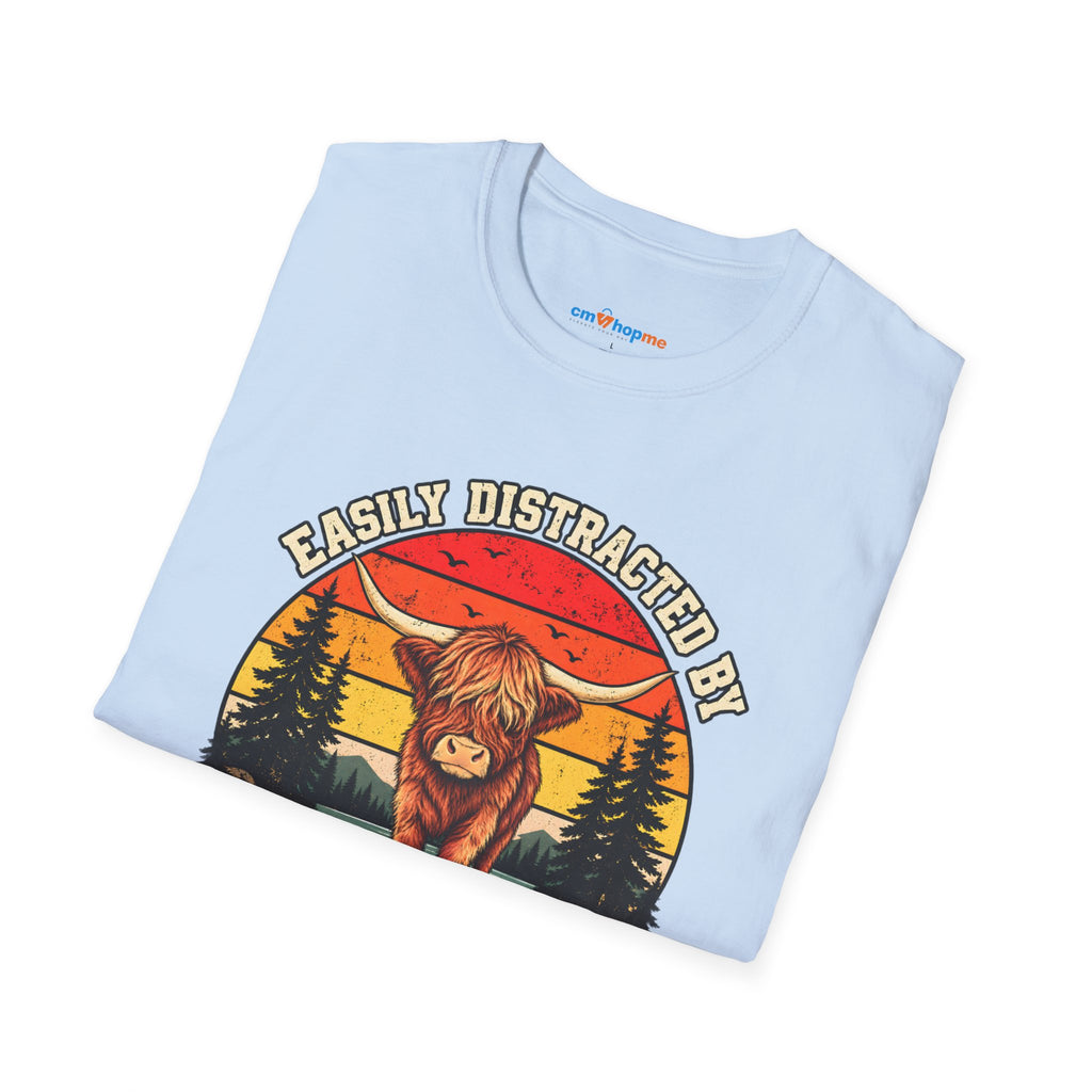 Highland Cows T-Shirt — "Easily Distracted by Highland Cows" Retro Graphic Tee