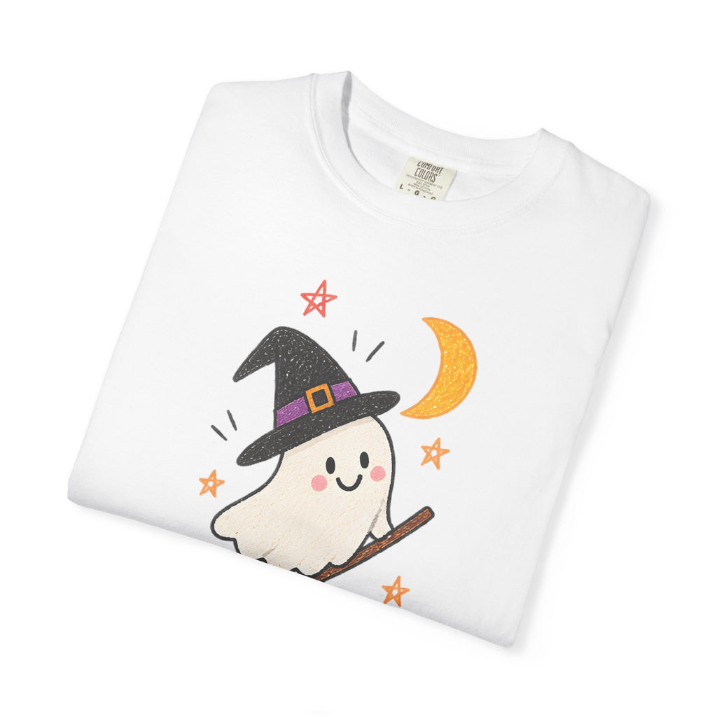 Cute Witch Ghost on Broom T-Shirt | Halloween Moon Stars