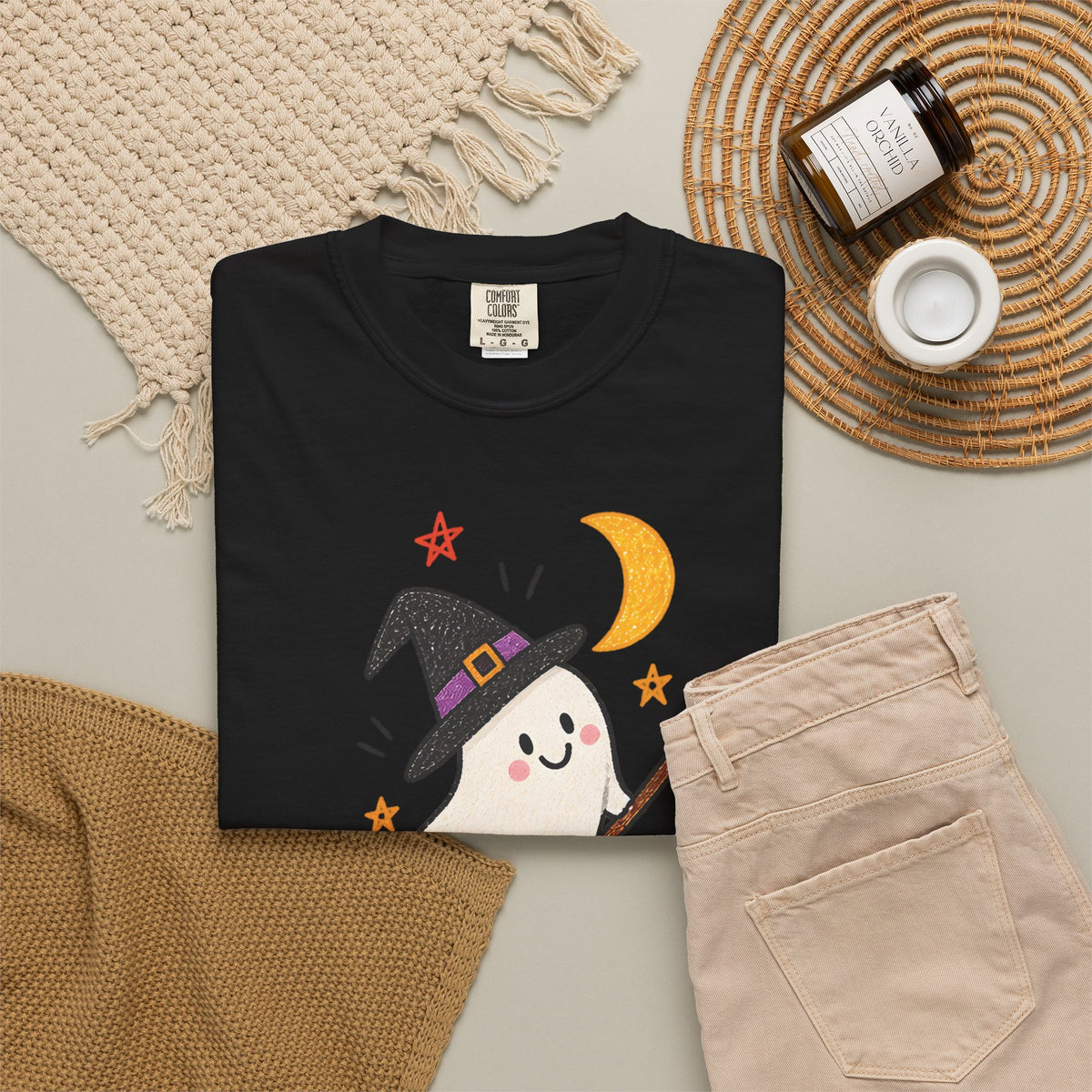 Cute Witch Ghost on Broom T-Shirt | Halloween Moon Stars