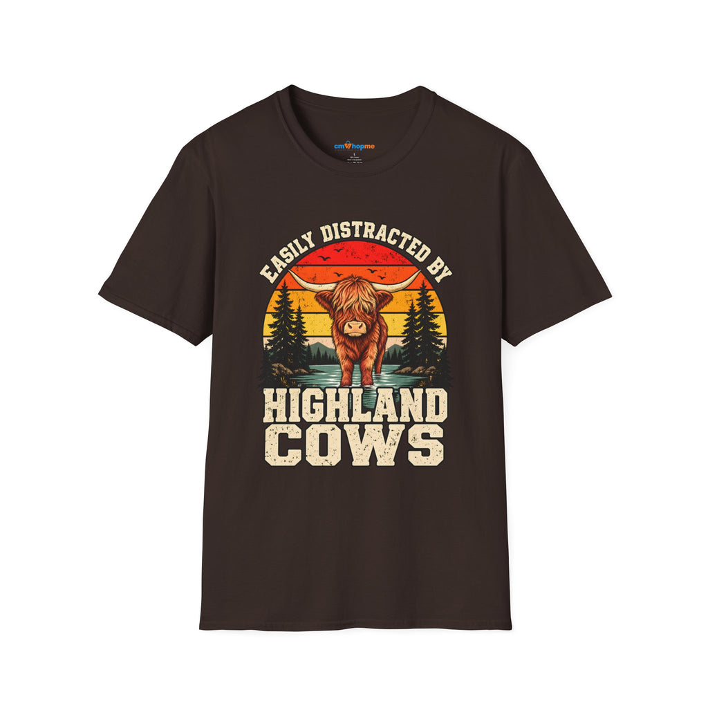 Highland Cows T-Shirt — "Easily Distracted by Highland Cows" Retro Graphic Tee