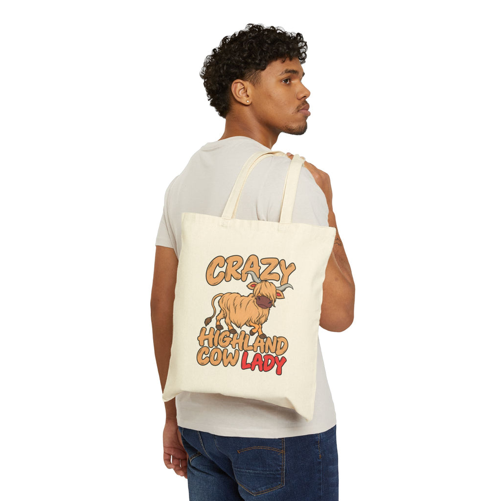Crazy Highland Cow Lady Canvas Tote - Funny Farm Animal Grocery Bag