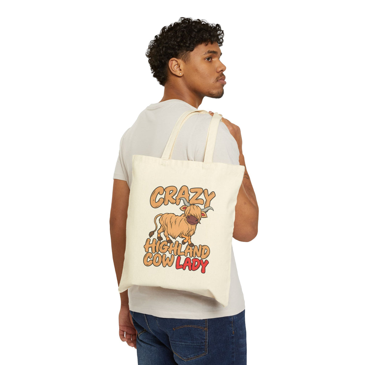 Crazy Highland Cow Lady Canvas Tote - Funny Farm Animal Grocery Bag