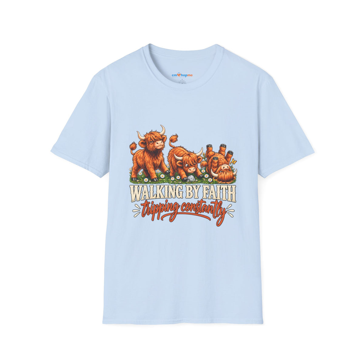 Walking By Faith T-Shirt – Happy Highland Cows Christian Tee