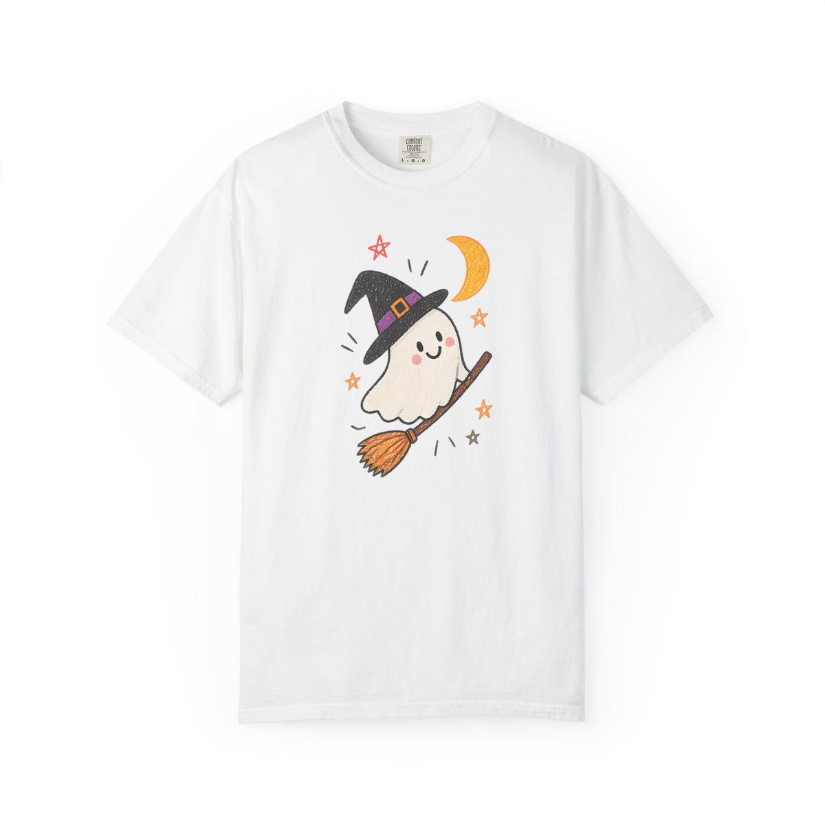 Cute Witch Ghost on Broom T-Shirt | Halloween Moon Stars