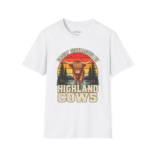 Highland Cows T-Shirt — "Easily Distracted by Highland Cows" Retro Graphic Tee