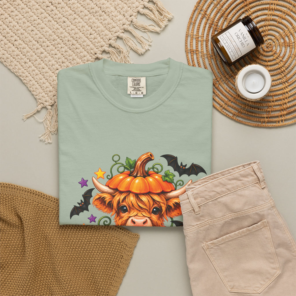 Halloween Pumpkin Cow T-Shirt — Cute Jack-O’-Lantern Highland Cow Tee