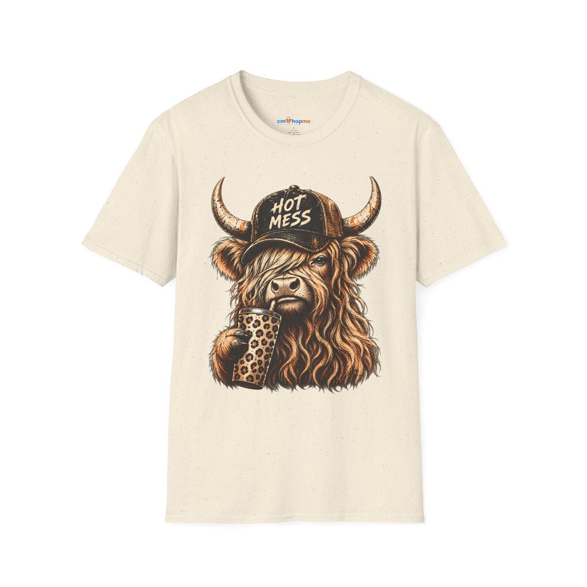 Hot Mess Highland Cow T-Shirt — Funny Cow with 'Hot Mess' Cap & Leopard Mug