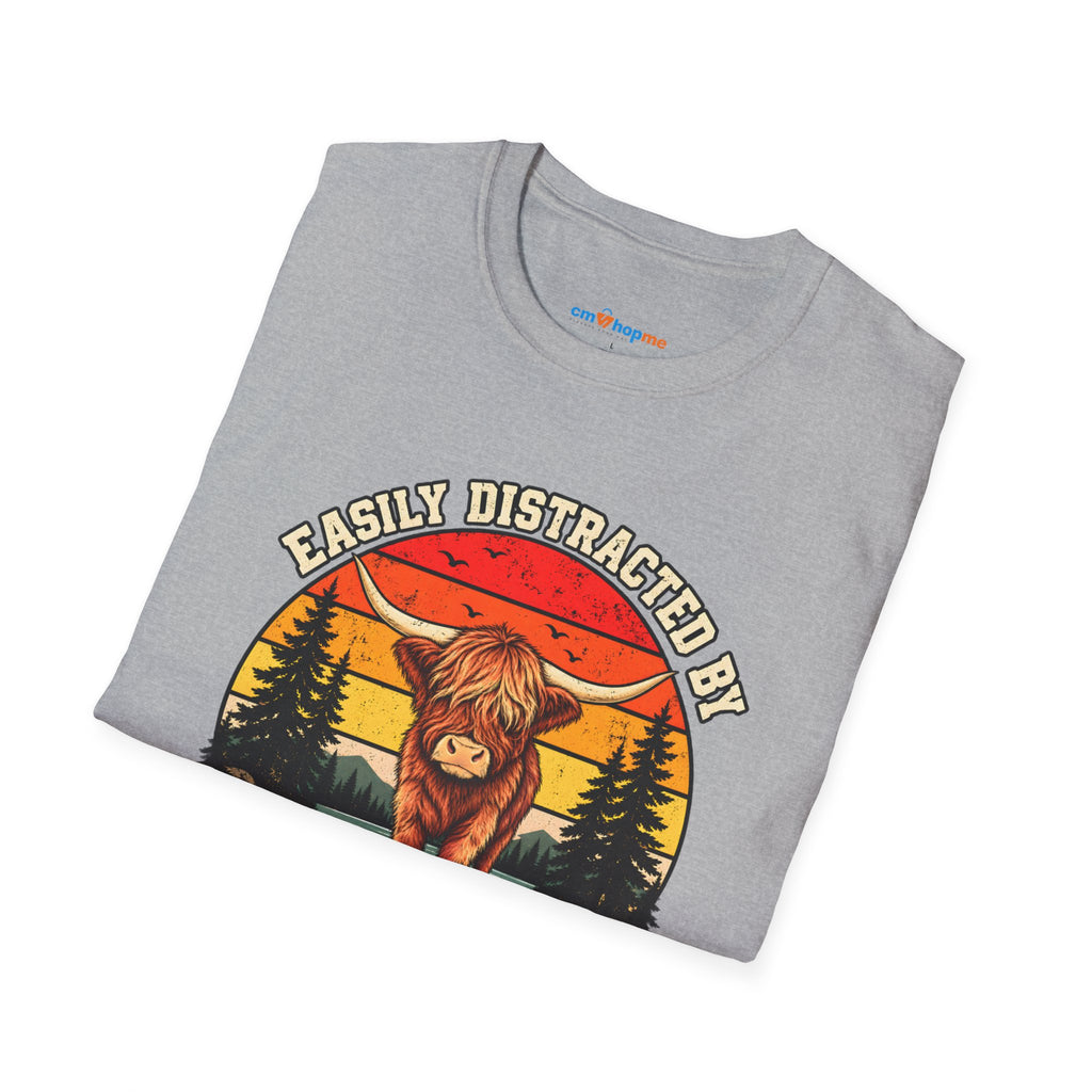 Highland Cows T-Shirt — "Easily Distracted by Highland Cows" Retro Graphic Tee