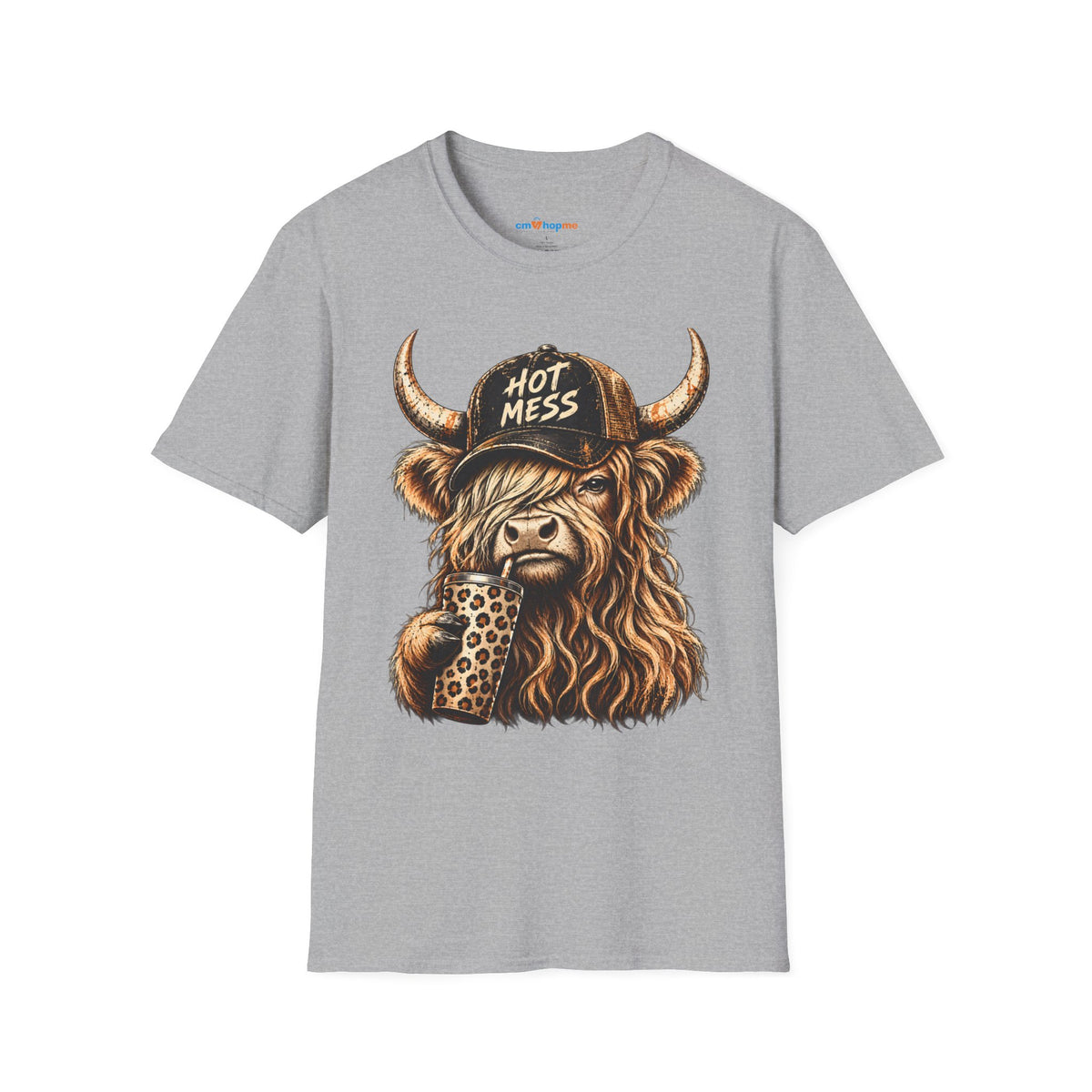 Hot Mess Highland Cow T-Shirt — Funny Cow with 'Hot Mess' Cap & Leopard Mug