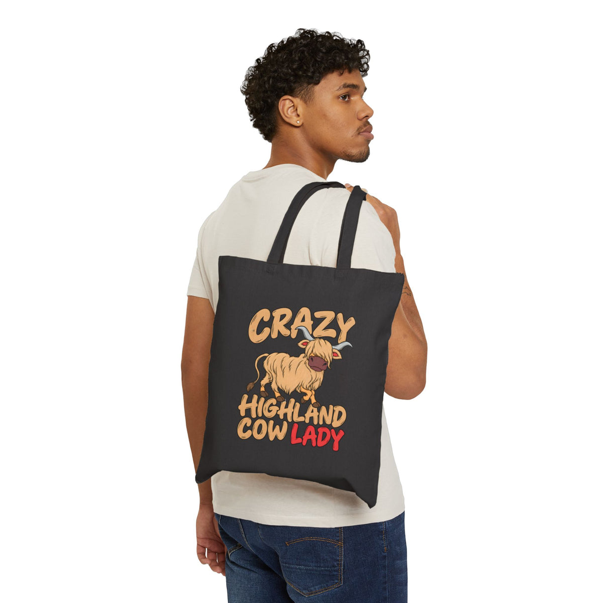 Crazy Highland Cow Lady Canvas Tote - Funny Farm Animal Grocery Bag