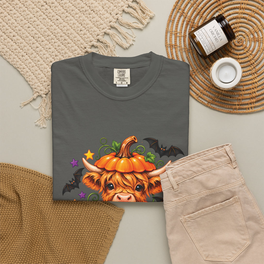 Halloween Pumpkin Cow T-Shirt — Cute Jack-O’-Lantern Highland Cow Tee
