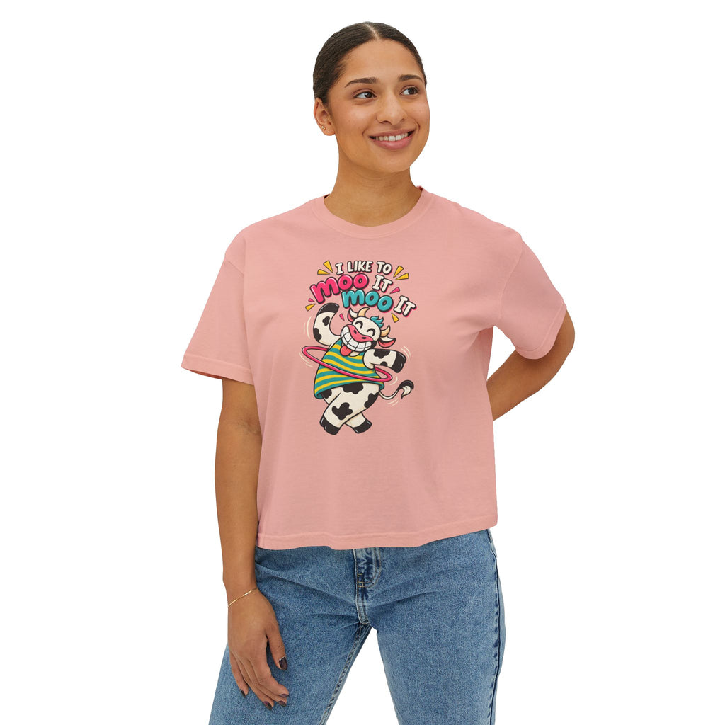 Women’s Boxy Tee — Cute Dancing Cow Graphic “I Like to Moo It Moo It”