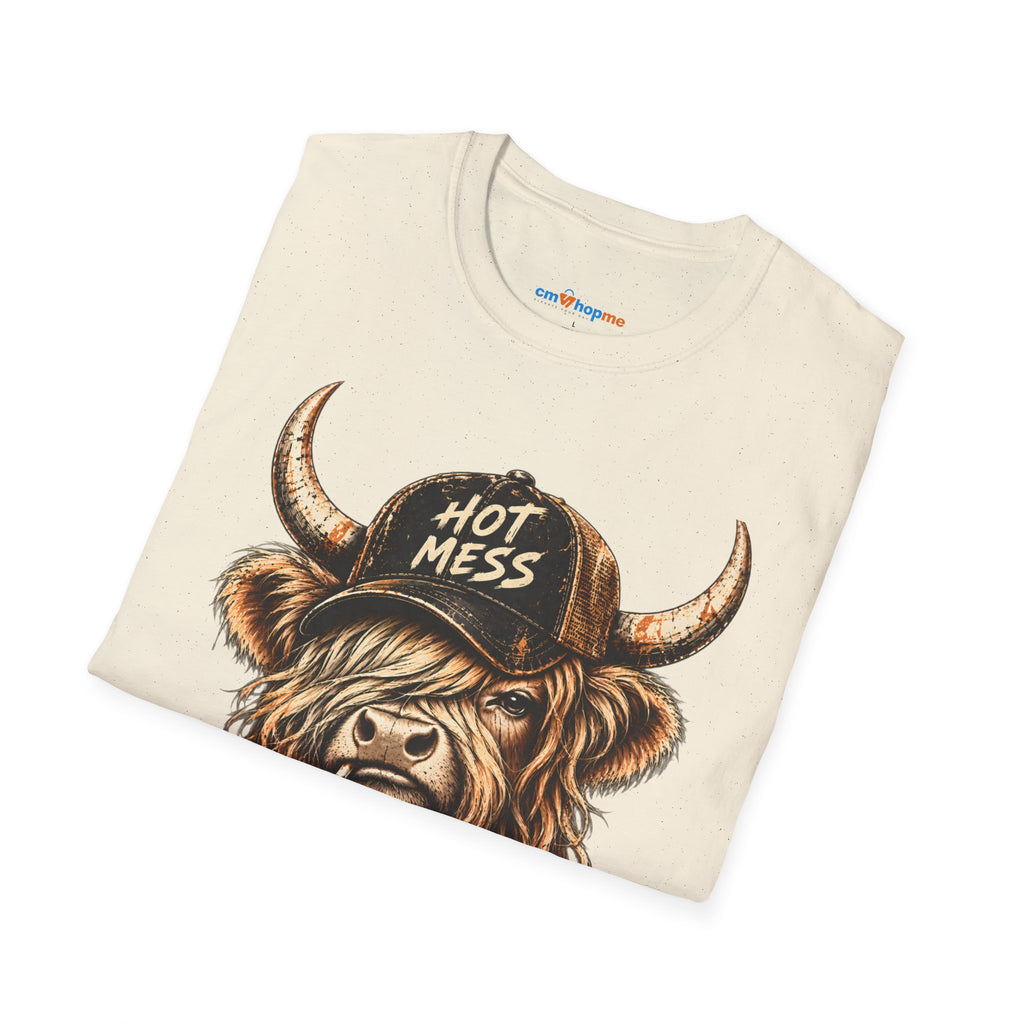 Hot Mess Highland Cow T-Shirt — Funny Cow with 'Hot Mess' Cap & Leopard Mug