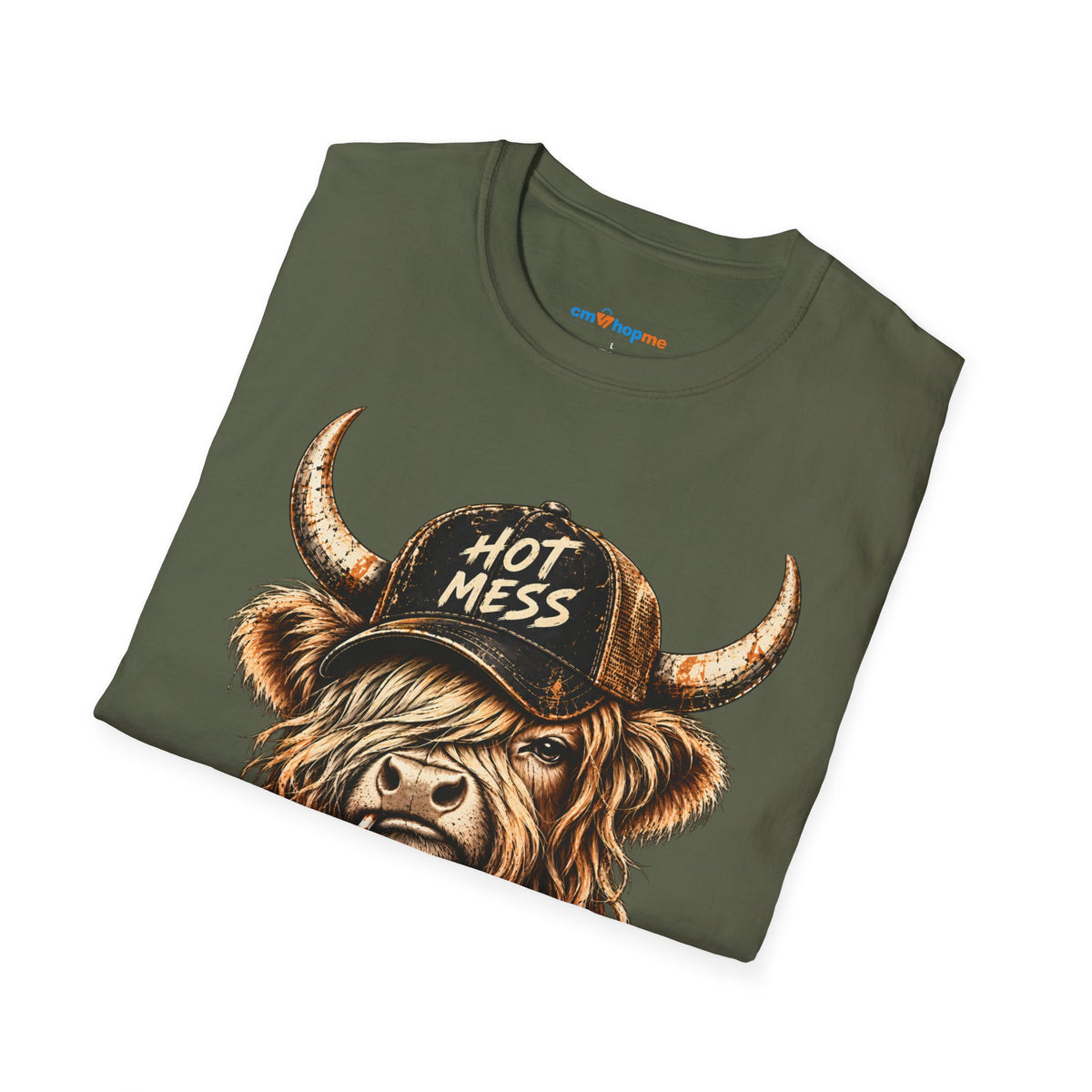 Hot Mess Highland Cow T-Shirt — Funny Cow with 'Hot Mess' Cap & Leopard Mug