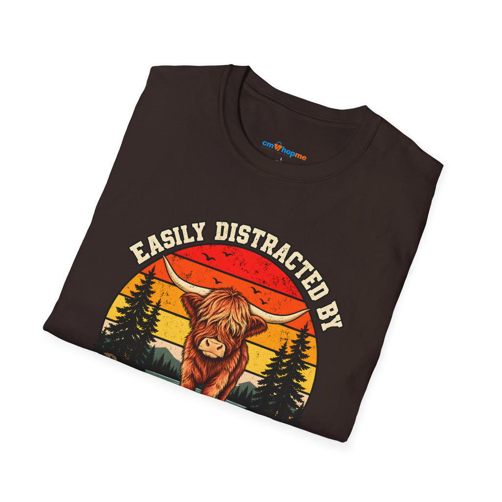 Highland Cows T-Shirt — "Easily Distracted by Highland Cows" Retro Graphic Tee