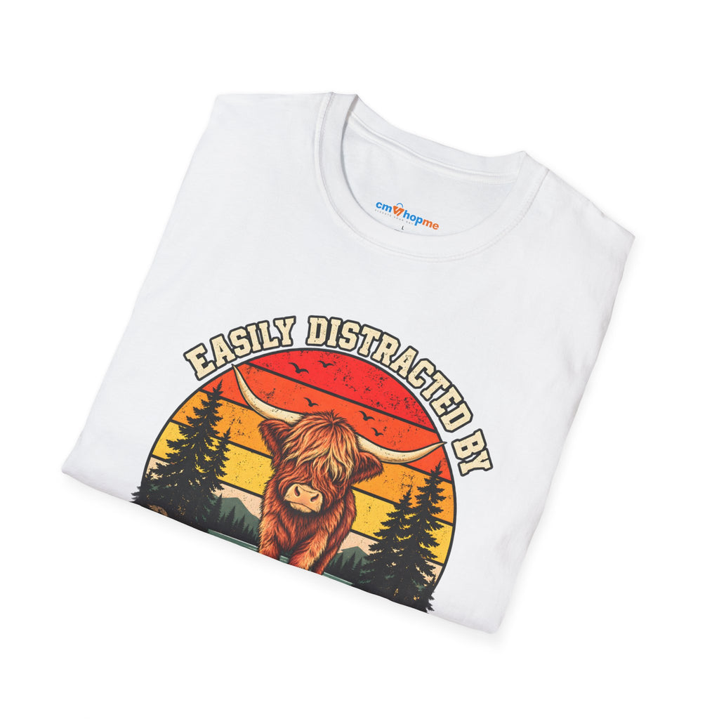 Highland Cows T-Shirt — "Easily Distracted by Highland Cows" Retro Graphic Tee