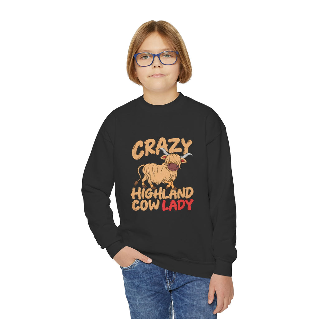 Crazy Highland Cow Lady Youth Crewneck Sweatshirt