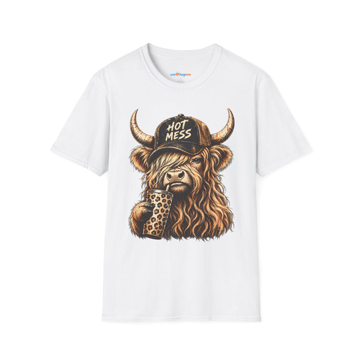 Hot Mess Highland Cow T-Shirt — Funny Cow with 'Hot Mess' Cap & Leopard Mug