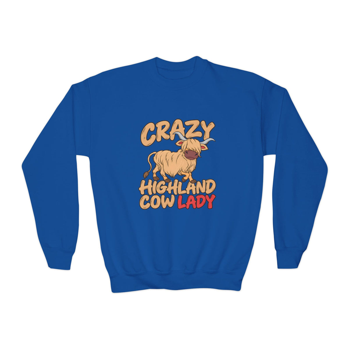 Crazy Highland Cow Lady Youth Crewneck Sweatshirt