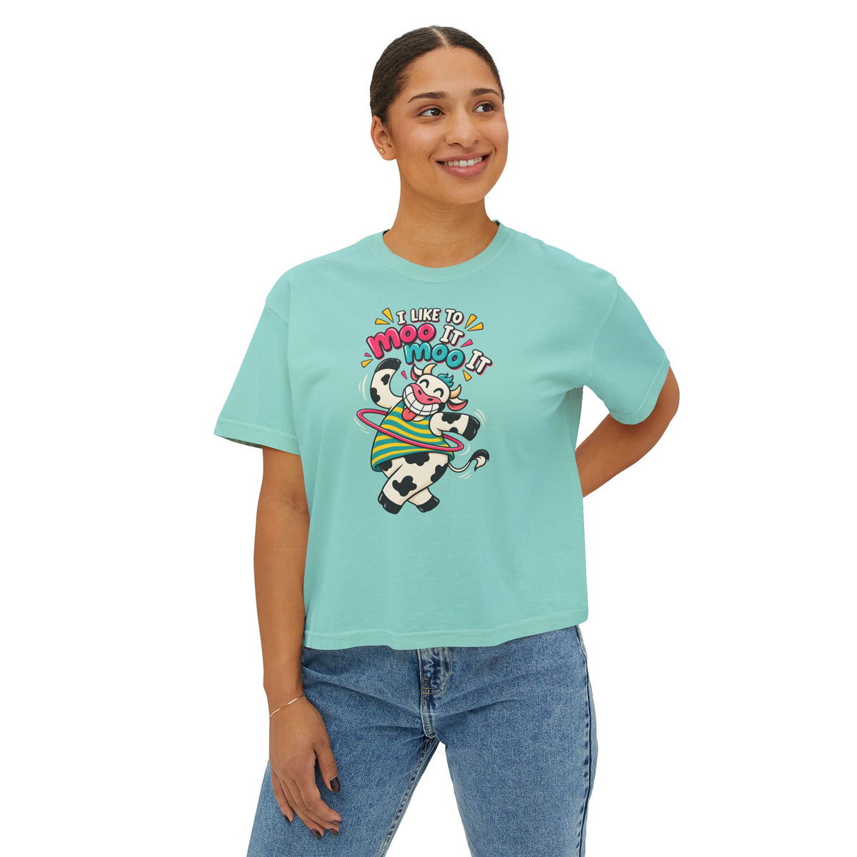 Women’s Boxy Tee — Cute Dancing Cow Graphic “I Like to Moo It Moo It”